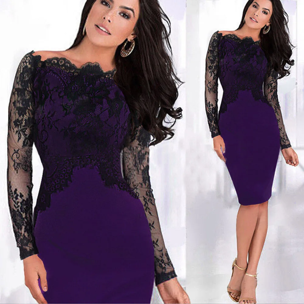 

2019 Best combination girl dress Women Sexy Off Shoulder Lace Knee Length Evening Party Business Bodycon Pencil Sheath Dress