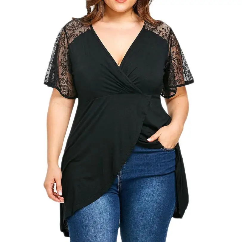 hot T Shirt Women Casual Plus Size 5 XL Lace Short Sleeve deep V Neck T ...