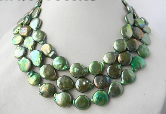 

FREE shipping>>>>A 3Strands 15mm Green Coin Freshwater Pearl Necklace