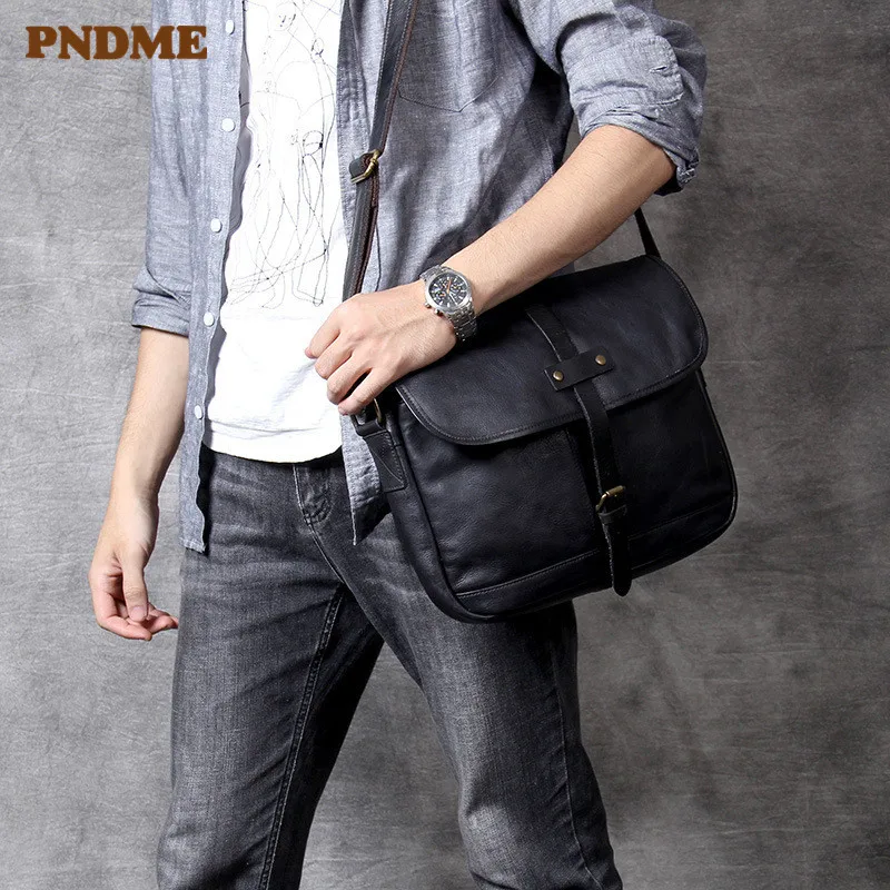 

PNDME high quality simple genuine leather men's shoulder bag casual soft top layer cowhide large capacity black crossbody bags