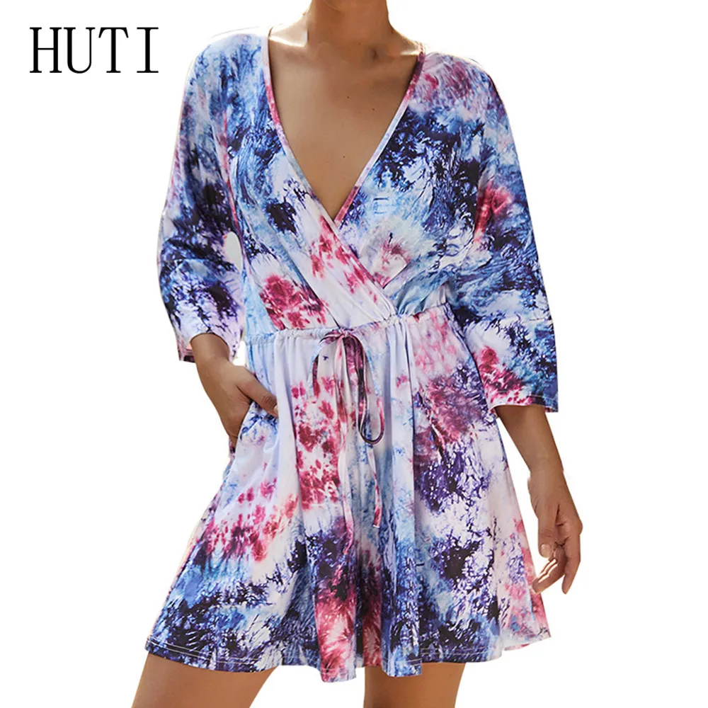 

HUTI New Arrival Tie Dyeing Women's Playsuits Sweet Summer Casual Fashion Bohemian Print Jumpsuits Sexy Deep V-neck Overalls