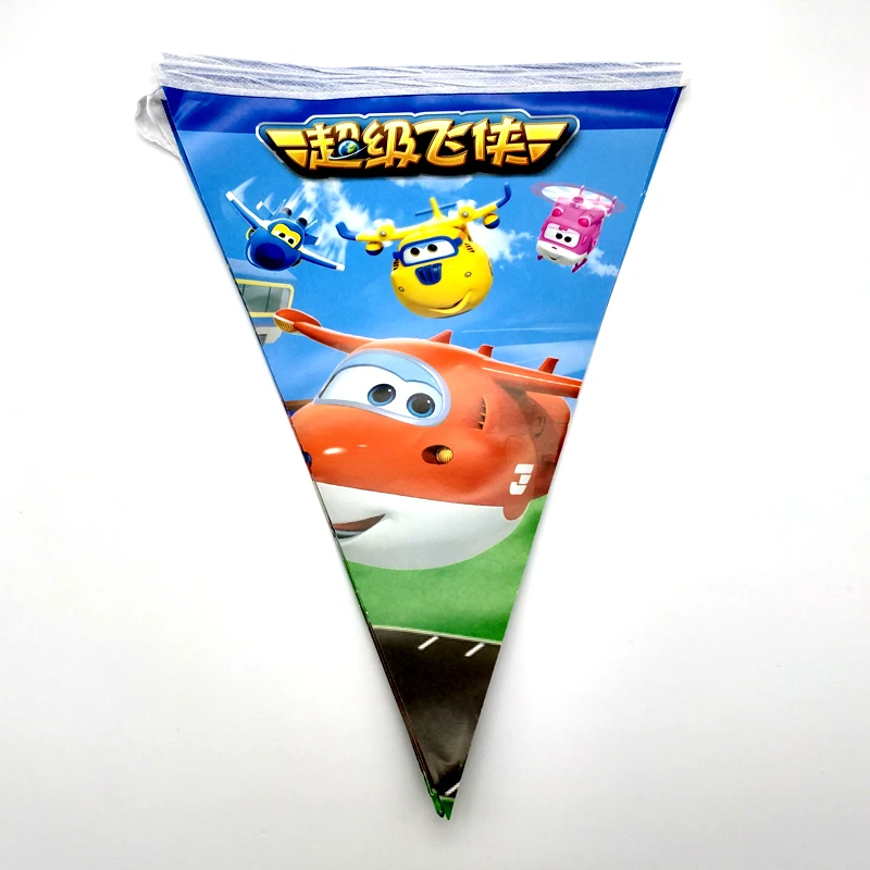 

1set=12pcs Super Wings Theme Flags Baby Shower Paper Hanging Banner Kids Favors Happy Birthday Party Bunting Decorate Pennants