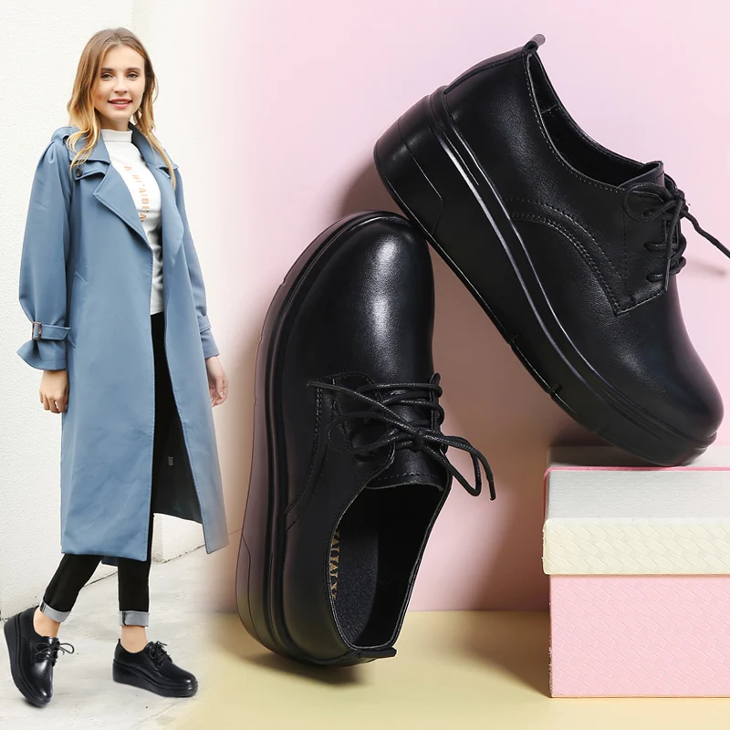 TKN 2018 Autumn women platform flats shoes genuine Leather lace up flat