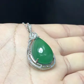 

Authentic natural green jade essence 925 silver inlaid jade pendant women's necklace sweater chain jewelry