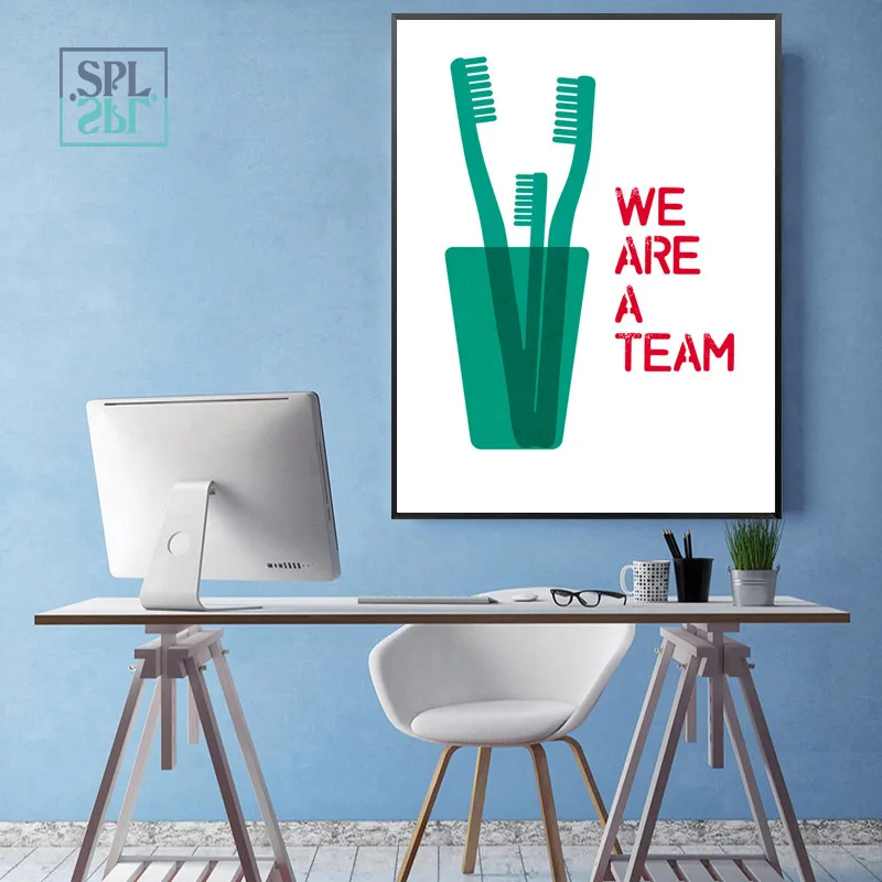 

We Are A Team! Quotes Art Canvas Painting Bathroom Decoration Abstract Toothbrush Poster Hd Print Wall Picture for Kids No Frame