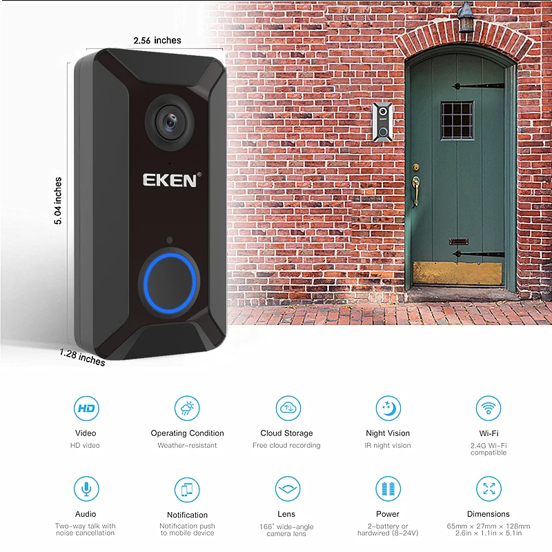 Умный Видеозвонок EKEN V6 с Wi Fi визуальная камера дверным звонком и ночным видением