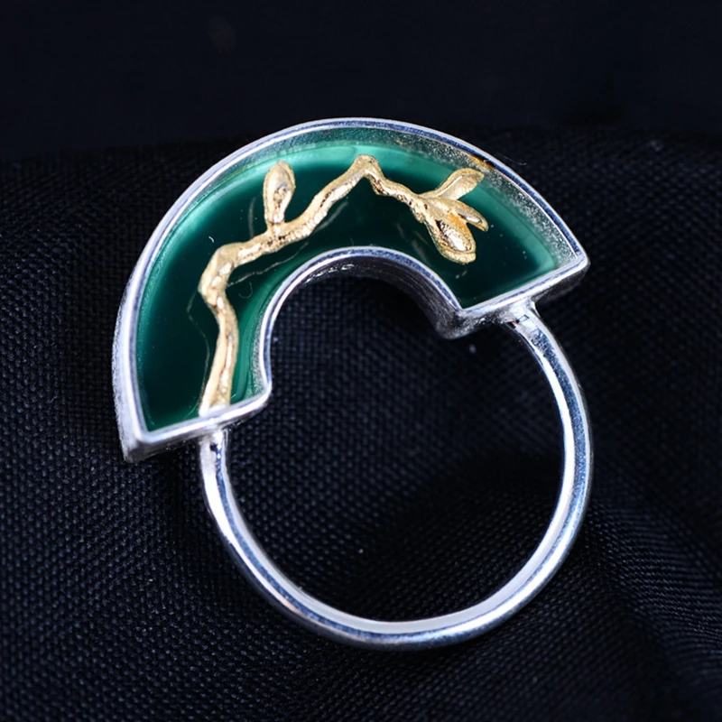 

925 sterling silver flowers natural jade rings Frosted flower natural green jade handmade rings silver women jade jewelry gift