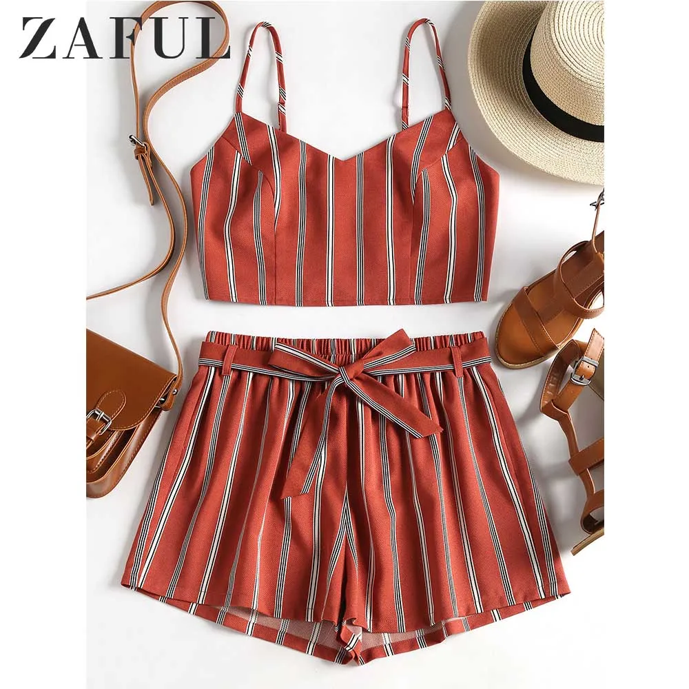 

ZAFUL Striped Cami Belted Shorts Set Summer Two Piece Set Casual Spaghetti Straps Crop Top Elastic Waist Shorts Women Sets