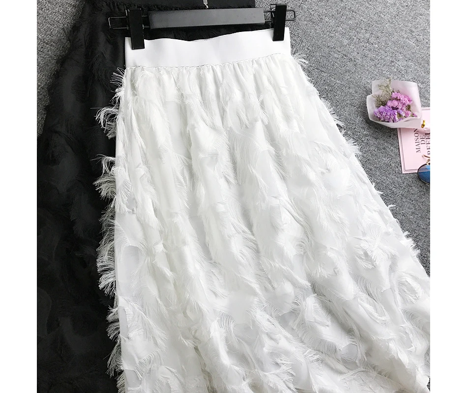 Tataria, шифоновая юбка с перьями и кисточками для женщин, шифоновая юбка с высокой талией, трапециевидная белая миди элегантная тонкая женская юбка, женские юбки s