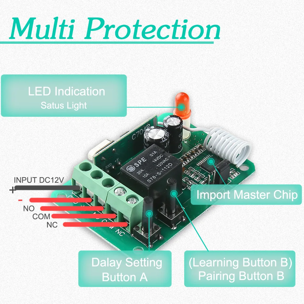 KTNNKG DC 12 В 1CH 10A беспроводной пульт дистанционного управления реле задержки модуль приемника и EV1527 433 МГц 1-99s функция задержки