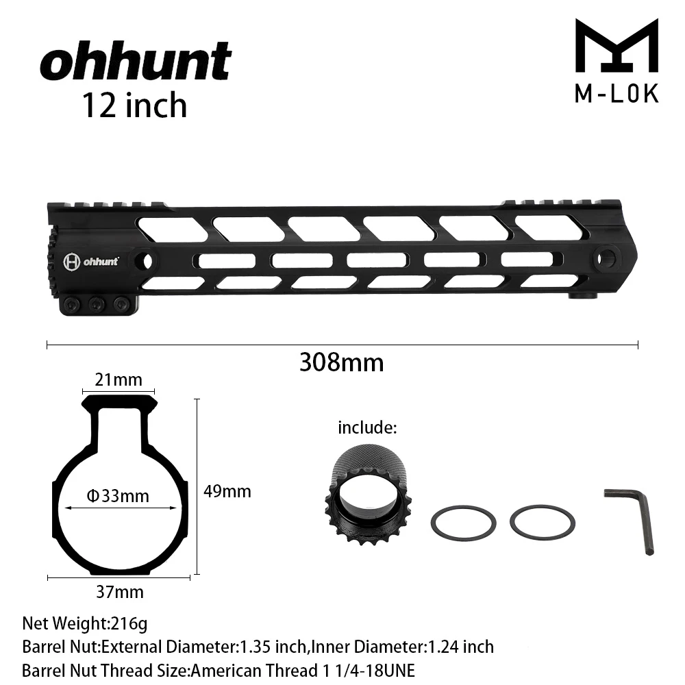 Ohhunt " 9" 1" 12" 13," 15" 1" AR15 свободном M-LOK ствольная накладка Пикатинни Rail ультра легкий тонкий Стиль стальная муфта ствола - Цвет: 12-inch-Black