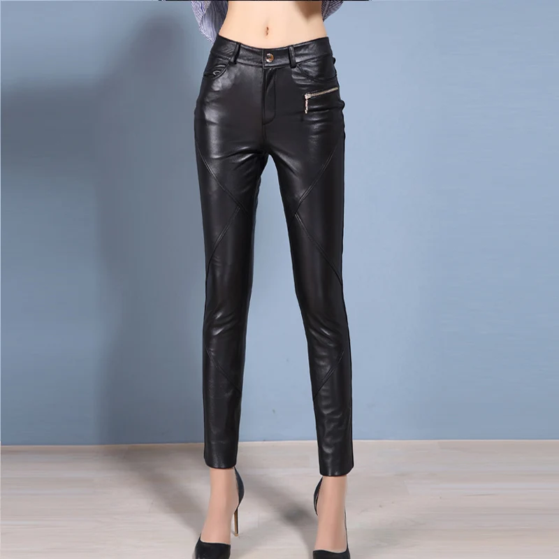 Skinny Genuine Leather Pants Women's Spring Autumn Close-fitting Sheepskin Leather Pants OL Show Slim Leggings Pants Of Boots