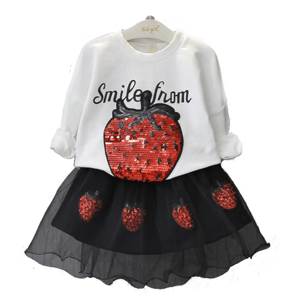 

2019 Spring Autumn Girl Clothes Suit Long Sleeve Strawberry Sequin Letter Top Shirt+Black Mesh Skirt Two-Piece Girl Clothing Set