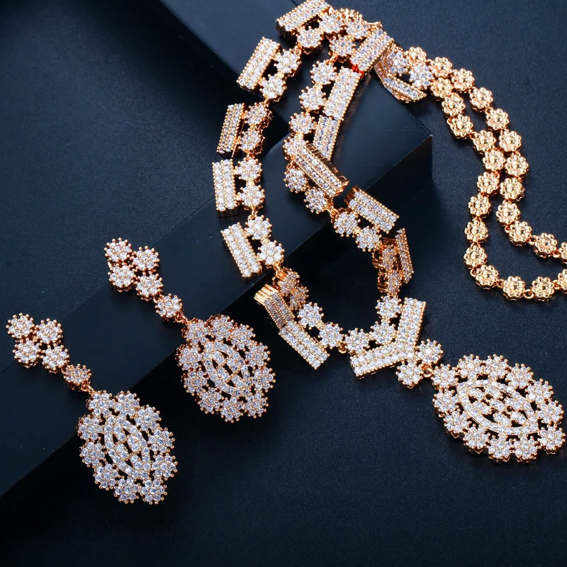 CWWZircons Full African CZ Crystal Bridal Wedding Necklace Earrings Dubai Gold Color Costume Jewelry Sets for Women T106|Ювелирные
