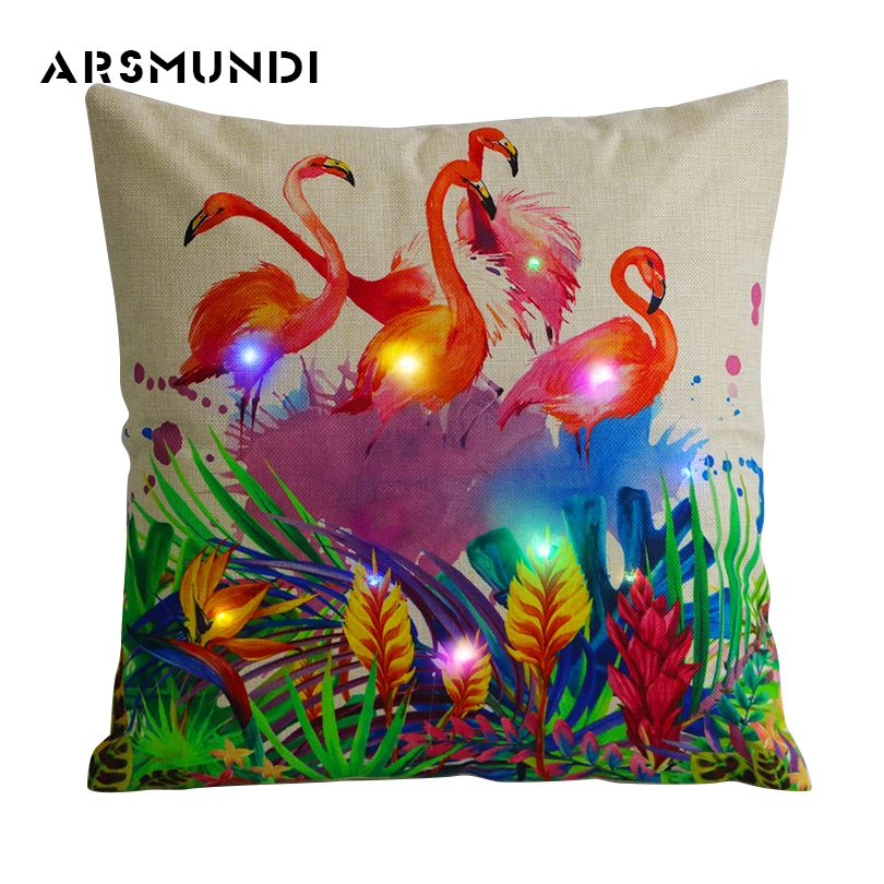 

Animal Luminous Flamingos Woven Linen Cushion Cover LED Light Throw Goose Pillow Covers Home Use Decorative Pillowcases 45*45Cm