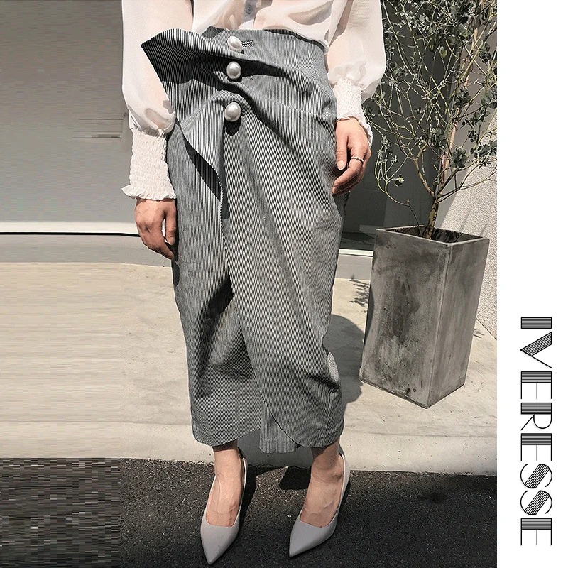 

IVRESSE Striped Pearl Button Pleated Autumn Skirt Women Asymmetrical Female Long Split Cotton Streetwear Elegant Grey Skirt 2019