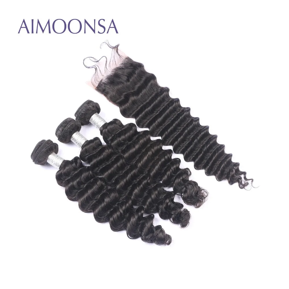 

Brazilian Human Hair Bundles With Closure Deep Wave Lace Closure With 3 Bundles Natural Color Remy Hair Extensions
