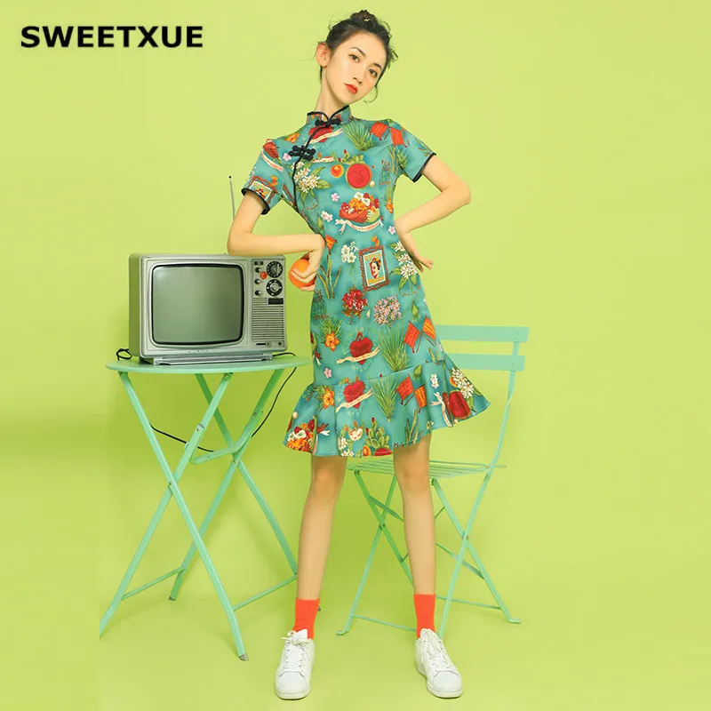 

SWEETXUE Chinese Style Fashion New Improved Cheongsam Dress Elegant Slim Printed Ruffle Summer Retro Party Dresses Women
