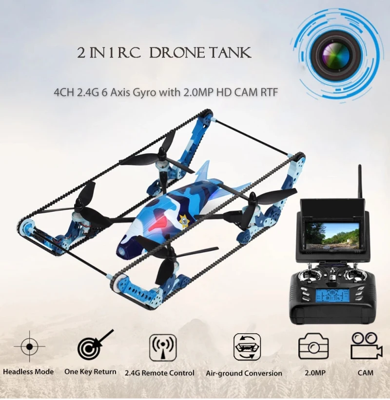 

New 5.8G Monitor/WIFI FPV Real-Time Transmission RC Quadcopter Air tank One-Key-return & Headless Mode with 720P HD Camera RTF