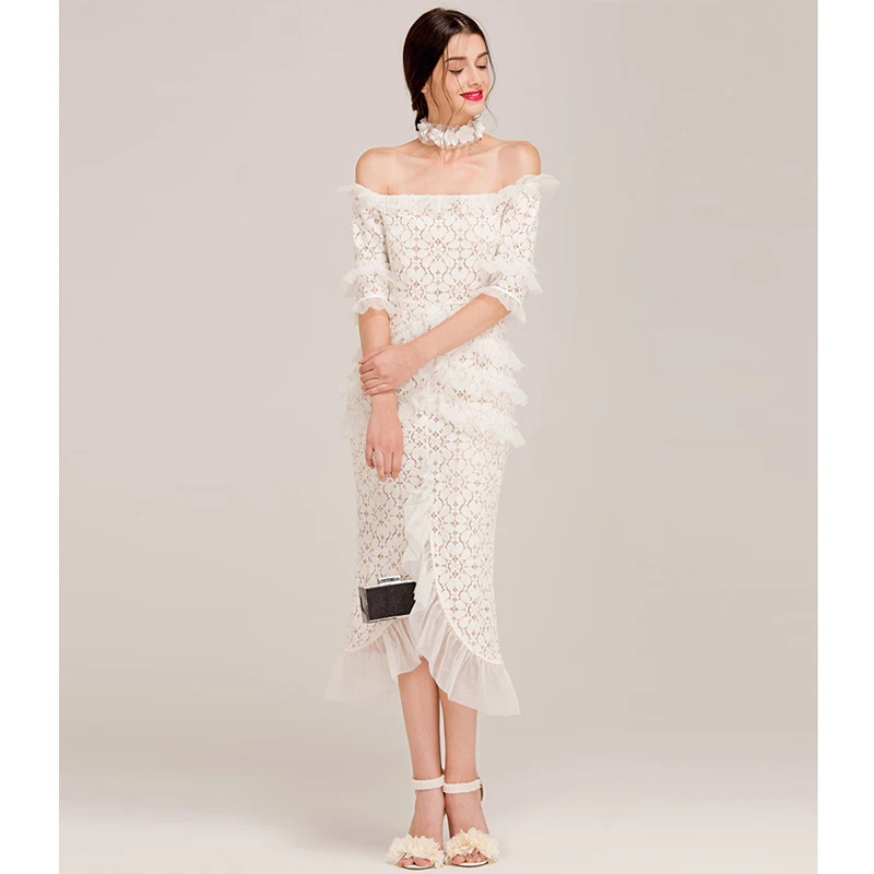 tulle frill ruffle white lace party dress off shoulder half sleeve fishtail sexy bodycon women midi dress ladies lace dress