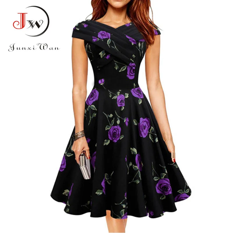 Women Vintage dress 1950s Floral Print Elegant Dresses Summer Sexy 60s Retro Rockabilly Swing Party Dress