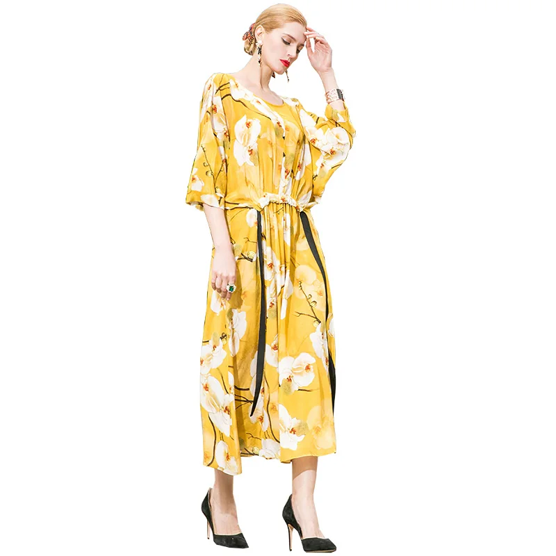 

POKWAI Casual Floral Women Summer Long A-Line Silk Dress 2018 Fashion High Quality Batwing Sleeve Elegant O-Neck Sashes Dresses