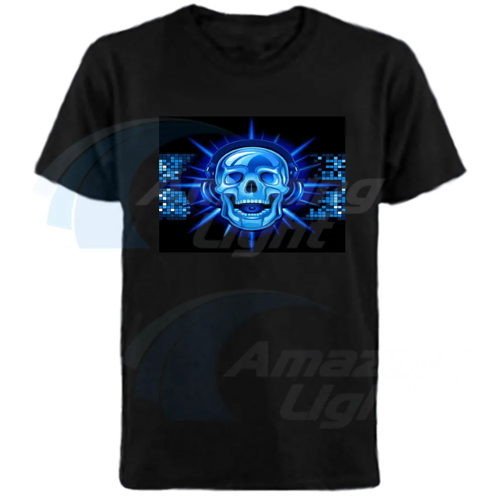 

Blue Skull head Equalizer Sound Activated LED Tshirt Light Up and down Flashing EL Equalizer music activated T-Shirt