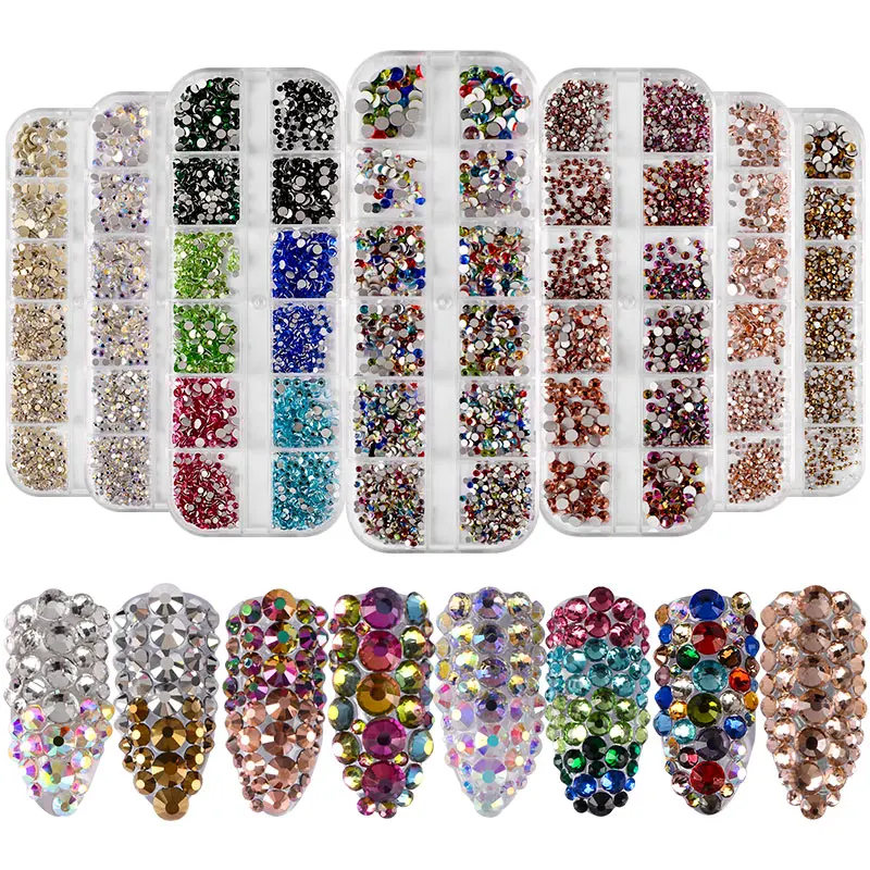 

MEET ACROSS 1 Box Flat-back AB Crystal Multi Size Glass Nail Rhinestones Mixed Colors 3D Charm Gems DIY Manicure Nail Art Decor