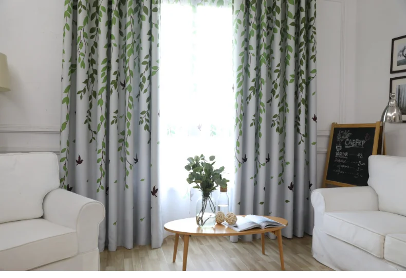 Затемненные занавески s для спальни гостиной пасторальная штора с зелеными листьями птицы напечатанные отвесные занавески прекрасные жалюзи занавески