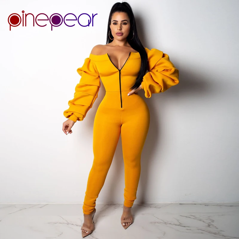 

PinePear 2019 Winter Space Cotton Off Shoulder Jumpsuit Women Slash Neck Front Zipper Long Draped Lantern Sleeve Elegant Romper