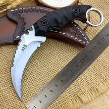 D2 стальные ножи Karambit с фиксированным лезвием охотничий нож для выживания Противоскользящий G10 Ручка зуб край кожаный чехол тактический EDC mes инструмент