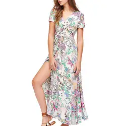 Женское элегантное платье ropa mujer, повседневное, цветочный принт, v-образный вырез, короткий рукав, длина до щиколотки, длинное летнее пляжное