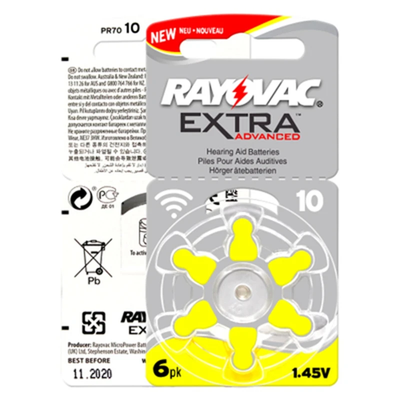 

60 PCS Zinc Air Rayovac Extra Performance Hearing Aid Batteries A10 10A 10 PR70 Hearing Aid Battery A10 Free Shipping