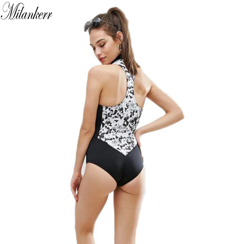 2018 New Women Swimming Body Suit Zipper One-piece Swimsuit Camouflage Patchwork Swimwear High Waist Training Tracksuit (6)