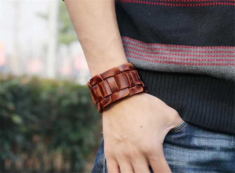 Bracciale Cuoio Nero Uomo Bracciale Cintura In Vera Pelle Per Uomo - Stile Punk Largo, Regolabile, Colore Nero/Marrone Bracciale Cintura Punk - Foto 13