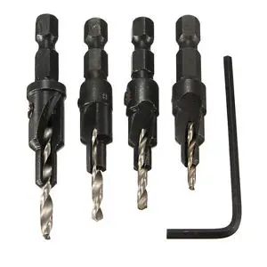 

Fixmee 4x Countersink HSS Taper #6 #8 #10 #12 Drill 4241 Bits 1/4 Hex Shank Sets + Key