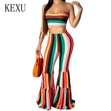 KEXU Women's Striped Print Tube Top To Play Flared Jumpsuits 2 Pieces Sets Sexy Off Shoulder Casual Playsuits Macacao Feminino KEXU Women's Striped Print Tube Top To Play Flared Jumpsuits 2 Pieces Sets Sexy Off Shoulder Casual Playsuits Macacao Feminino