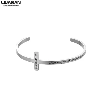 

Religious Jewelry Stainless Steel Cross Bracelet Engraved 4 Different Quotes Isaiah fear not I am with you Prayer God Bracelets