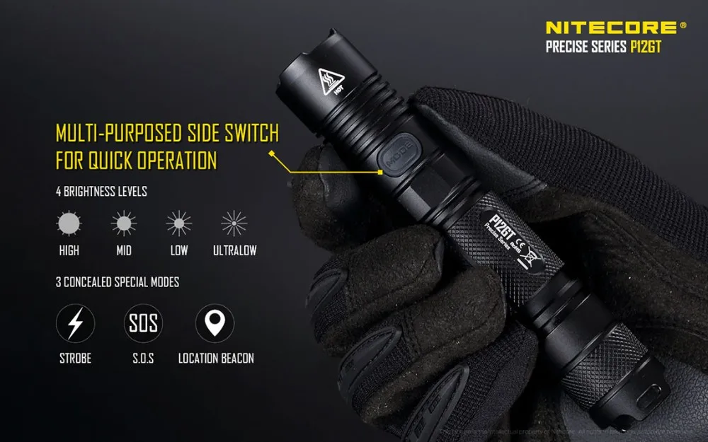 NITECORE P12GT светодиодный фонарик 7 режимов CREE XP-L HI V3 светодиодный 1000 люмен 320 м Луч расстояние по 2 * CR123/1*18650