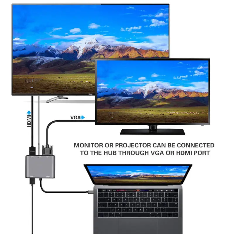 Usb C концентратор к Hdmi Vga адаптер-8 в 1 Usb C док-станция с 4K Hdmi, Vga, Usb 3,0, 2 Usb 2,0, Micro-Sd, 3,5 мм аудио разъем