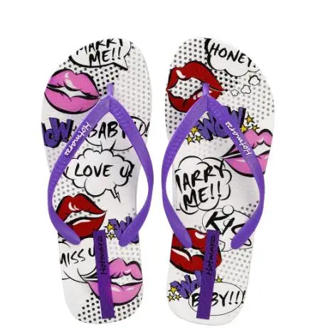Hotmarzz/Женские Вьетнамки модные шлепанцы с изображением красных губ, мультяшный стиль, не скользят по женские сандалии с принтом на плоской подошве пляжная обувь, шлепанцы - Цвет: purple