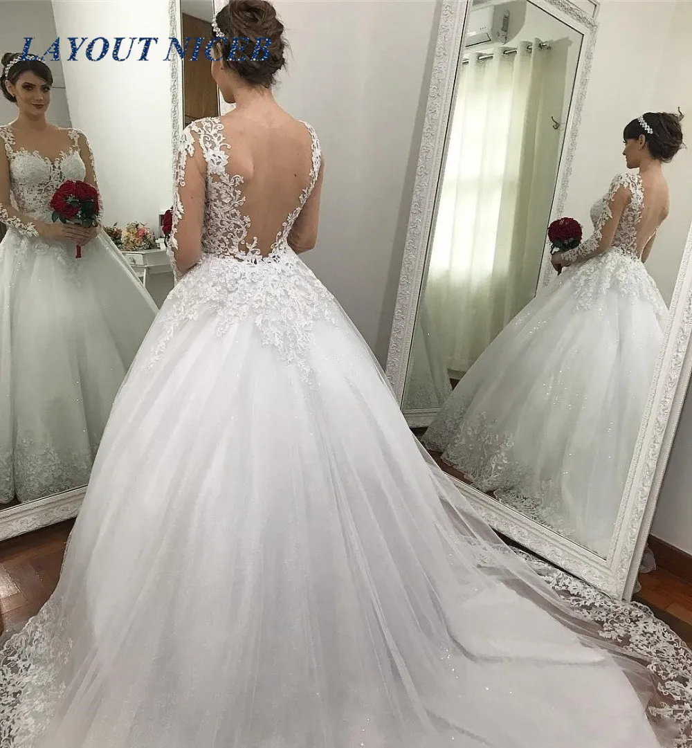 Vintage 2019 Sheer Neck Lace Ball Gown Wedding Dresses Long Sleeves Illusion Back Court Train Wedding Bridal Gowns Custom Made