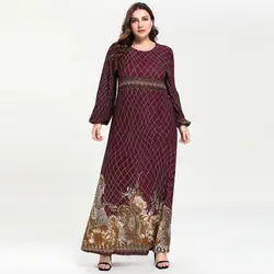 Большие размеры длинный рукав, Мусульманский Стиль, женское модное платье с перекрестной полоской, винтажный принт, высокая талия, длинное