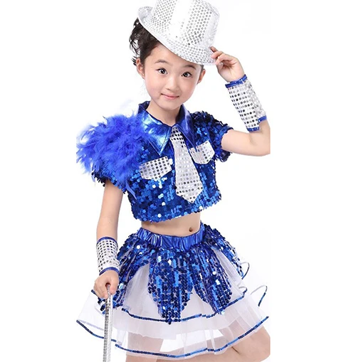 Детский танцевальный костюм с блестками для девочек, современный танцевальный костюм, модное платье для вальса, платья для выступлений, джазовые костюмы для девочек - Цвет: Синий