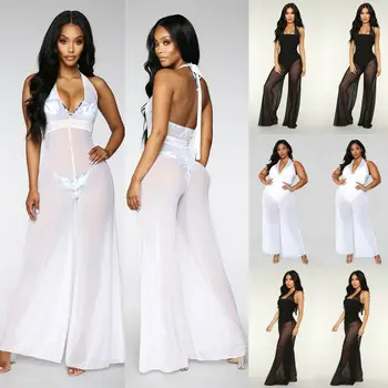 

HOT Women Bikini Cover Up Wide Leg Deep V Neck Halter Jumpsuits Casual Ladies Loose Sexy Mesh Sheer Jumpsuit Plus Size