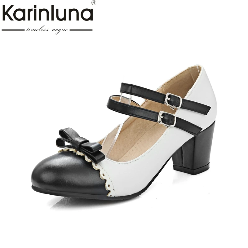 

KarinLuna Large Size 31-48 Yellow Blue Mary Janes Square Heels Women Shoes Woman Pink Black Sweet Bowtie Girls Date Pumps