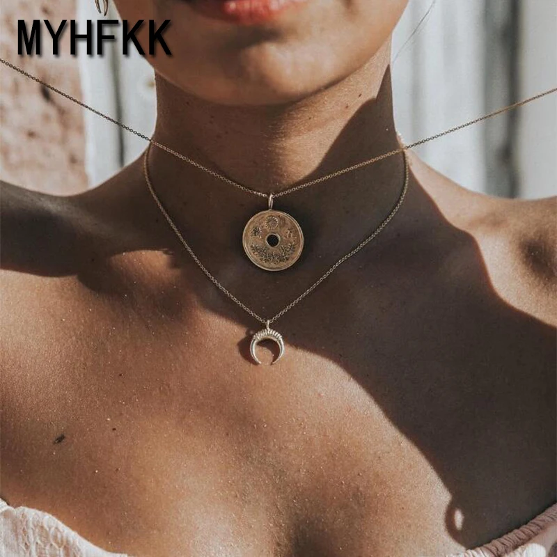 

MYHFKK2019 Vintage Coin Pendant Necklace Female Fashion Totem Necklace Necklace Gold Color Hot Sale Jewelry Gift XL018