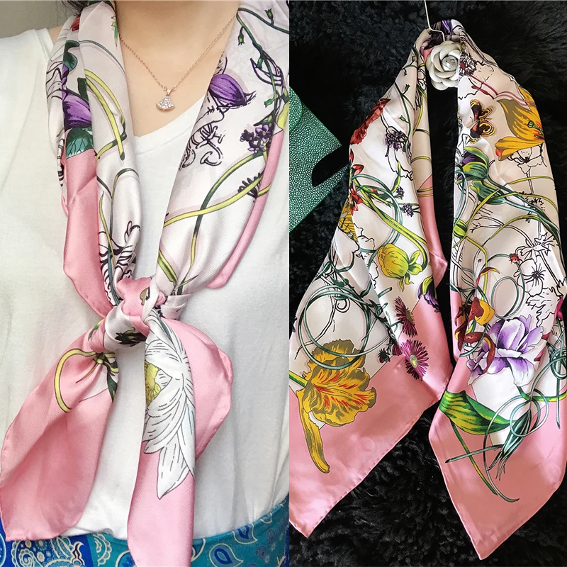 

Floral Women 100% Twill Silk Scarf Shawl Wraps Hijab Head Scarves 88*88cm
