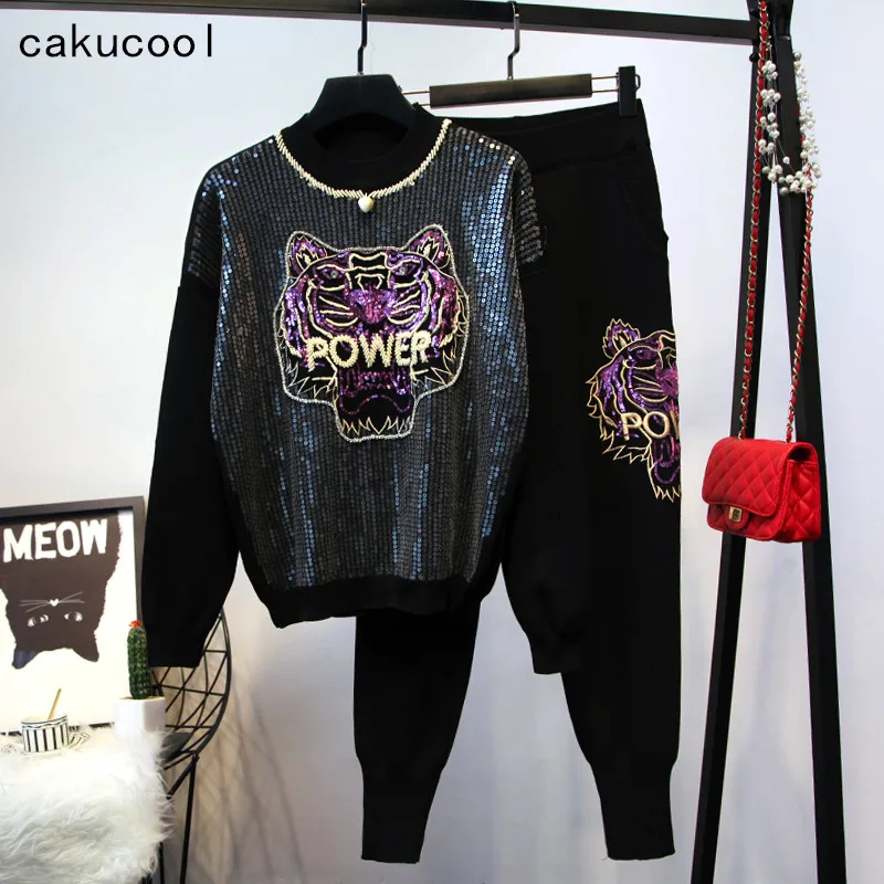 Cakucool/весенне Женский комплект 2 шт. Вязаный топ с вышитым бисером тигром и штаны