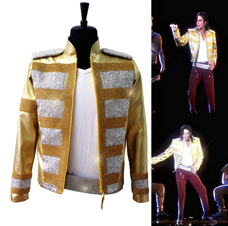 

Rare MJ Michael Jackson Shocked New Fashion 3D Holographic Slave To The Rhythm LIVE Billboard Music Awards Crystal Golden Jacket